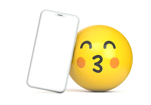 Maquete de smartphone com tela em branco e divertido personagem emoji d render