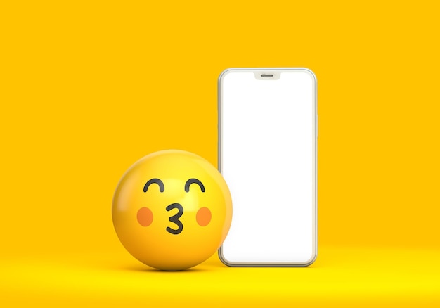 Maquete de smartphone com tela em branco e divertido personagem emoji d render