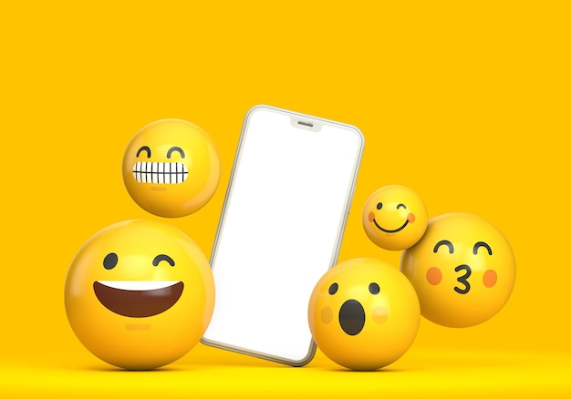 Maquete de smartphone com tela em branco e divertido personagem emoji d render