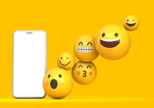 Foto maquete de smartphone com tela em branco e divertido personagem emoji d render
