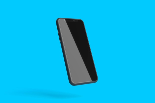 Foto maquete de smartphone com tela preta em branco sobre fundo azul conceito mínimo 3d render ilustração