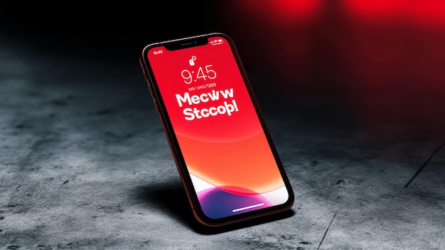 Maquete de smartphone com tela vermelha em fundo escuro