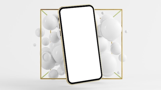Maquete de smartphone dourado com fundo de bolhas surreais renderização em 3d