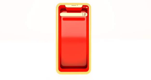 Maquete de smartphone dourado com tela vermelha em um fundo branco,