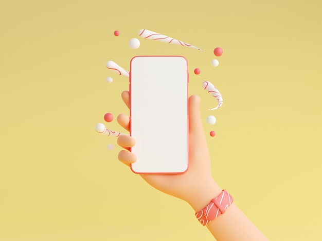 Maquete de smartphone em mão humana com relógios de pulso rosa 3d rendem a ilustração. Telefone celular com tela branca vazia na mão do personagem com decorações em fundo amarelo.