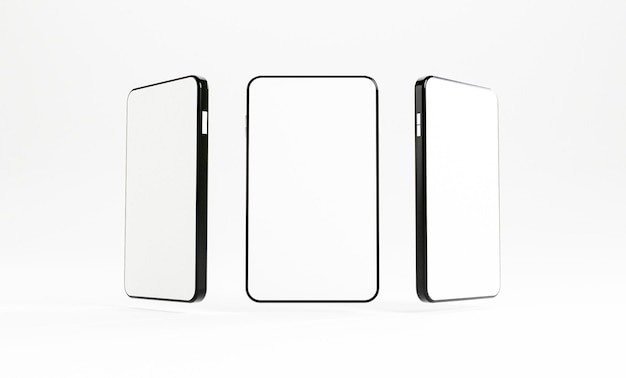 Maquete de smartphone, isolado do telefone móvel de três ângulos com modelo de quadro de tela em branco sobre fundo branco por renderização 3d.