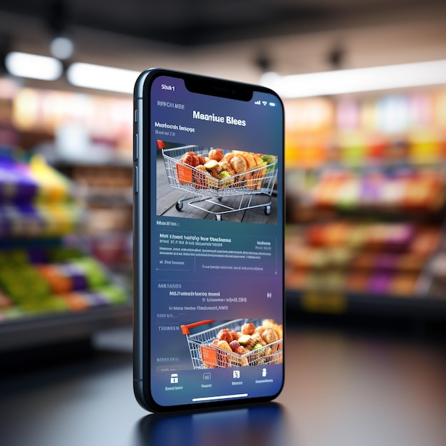 maquete de tela do aplicativo martphone com carrinho de compras de supermercado e caixas com espaço de cópia