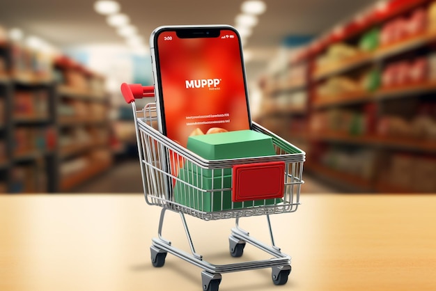 maquete de tela do aplicativo martphone com carrinho de compras de supermercado e caixas com espaço de cópia