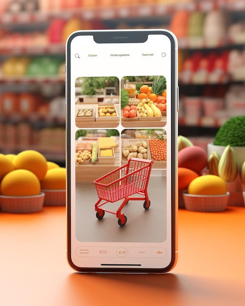 Foto maquete de tela do aplicativo martphone com carrinho de compras de supermercado e caixas com espaço de cópia