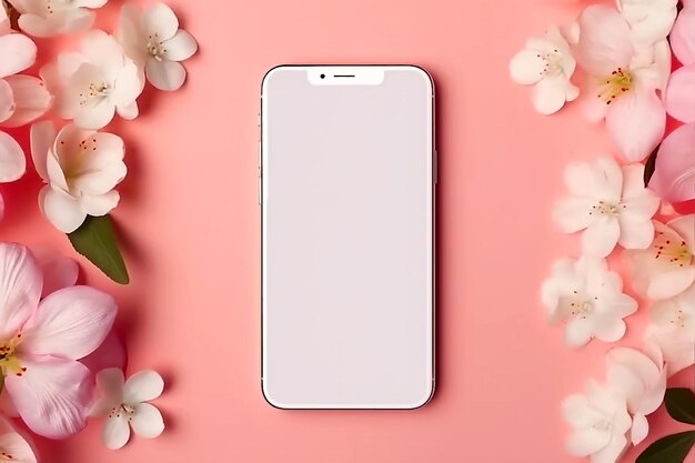 Maquete de tela em branco do smartphone com flores geradas por ai