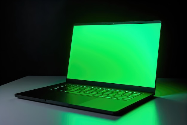 Maquete de tela verde do laptop fundo branco neon gerado por IA