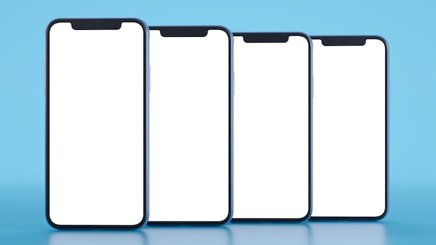 Maquete de telefone inteligente com maquetes de perspectiva de tela vazia com tela em branco isolada em renderização 3d de fundo azul