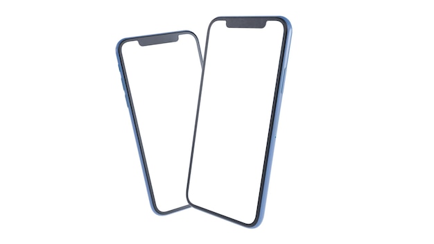Maquete de telefone inteligente com maquetes de perspectiva de tela vazia com tela em branco isolada em renderização 3D de fundo branco