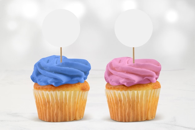 Maquete de topo de cupcake rosa e azul