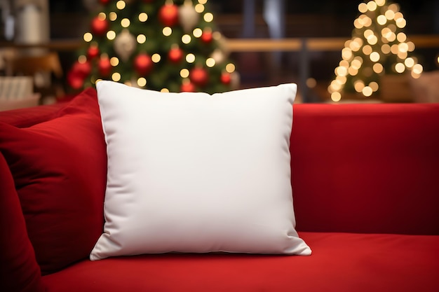 Maquete de travesseiro branco em branco no sofá vermelho com árvore de natal e luzes bokeh fundo composição de modelo de férias com decoração espaço de cópia