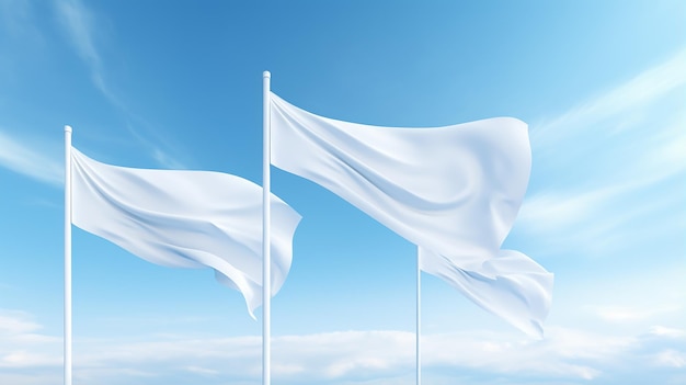 Maquete de três bandeiras brancas balançando em um céu azul no estilo L