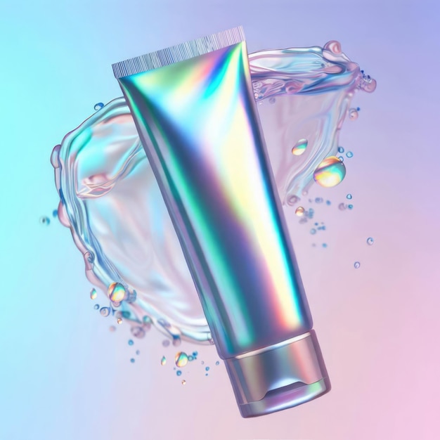 Maquete de tubo com respingo de água iridescente em cores pastel