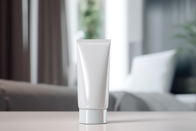 Maquete de tubo cosmético branco em branco com IA generativa de fundo de sala de estar