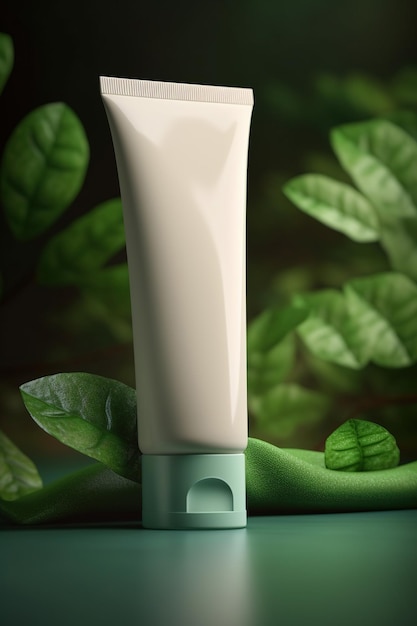 Maquete de tubo cosmético natural com creme sobre fundo de folhas verdes