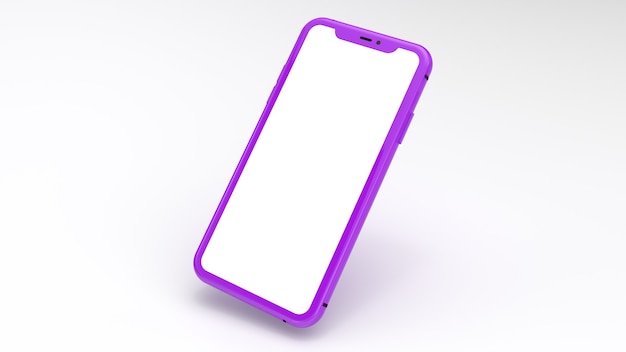 Foto maquete de um celular roxo com um fundo branco. perfeito para colocar imagens de sites ou aplicativos.