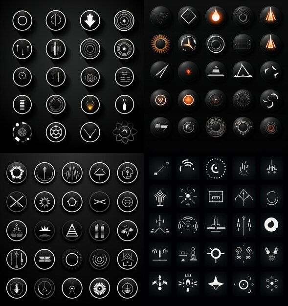 Maquete de um conjunto preto de ícones neotéricos definidos em resolução