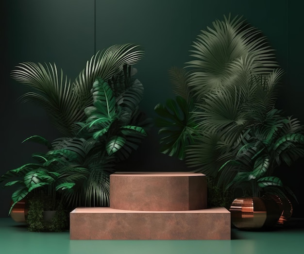 Maquete de um pódio de mármore rosa em um fundo verde um palco para decoração de apresentação de produtos com folhas tropicais palmeira monstera Generative AI