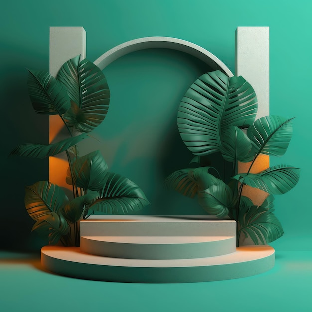 Maquete de um pódio de pedra com colunas uma cena geométrica para uma apresentação em um fundo verde folhas tropicais Generative AI