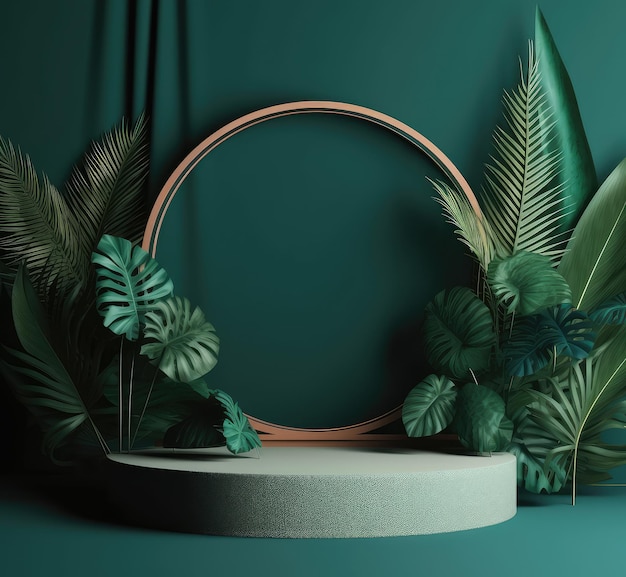 Maquete de um pódio de pedra em um fundo verde com folhas tropicais palmeira monstera Generative AI