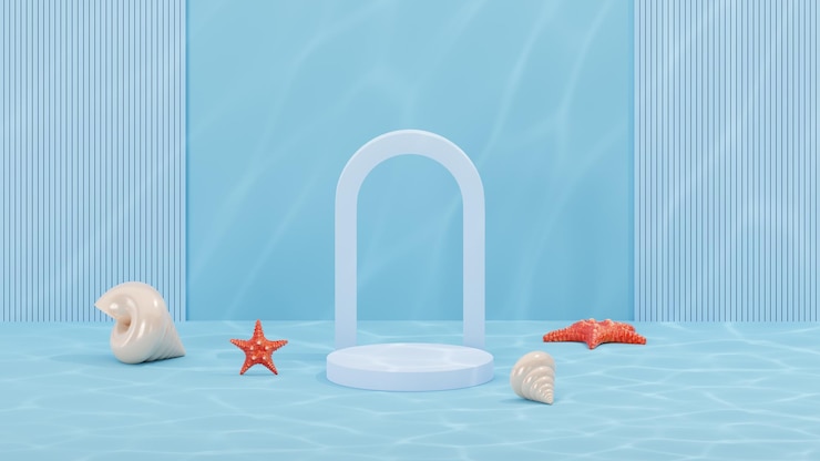 Foto maquete de um pódio na forma de um pedestal com um arco para mostrar o produto abstrato com cáusticos tema marinho 3d ilustração