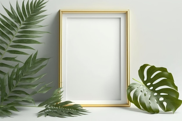 Maquete de um porta-retratos com uma planta em um fundo branco