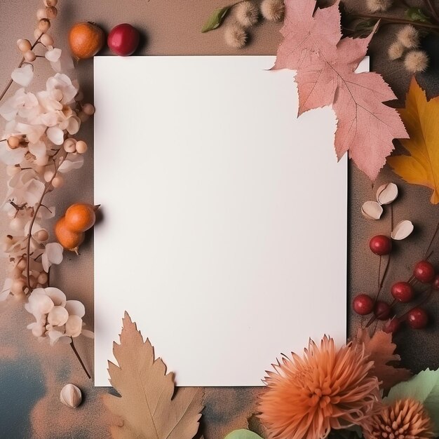 Maquete de uma folha de papel em um fundo de outono uma folha de papel branca em um fundo