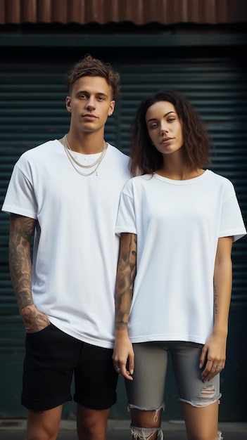 Foto maquete de uma jovem e um homem de camiseta branca na rua foto vertical