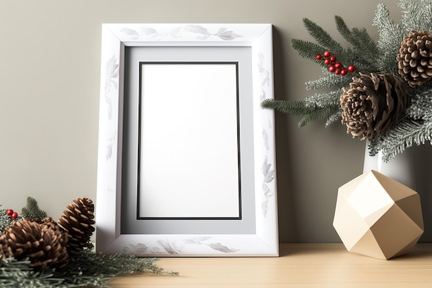 Maquete de uma moldura branca em uma orientação de retrato em uma mesa com decorações de Natal fotografia superior