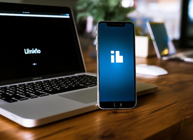 Maquete do logotipo do Linkedin, telefone e computador em estoque de mesa de madeira