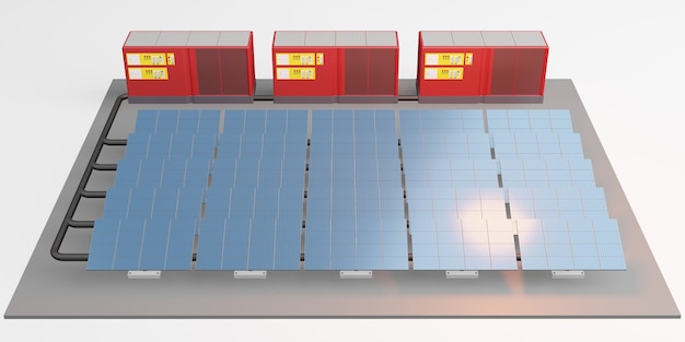 Maquete do painel solar do centro de armazenamento elétrico ilustração 3D de energia solar