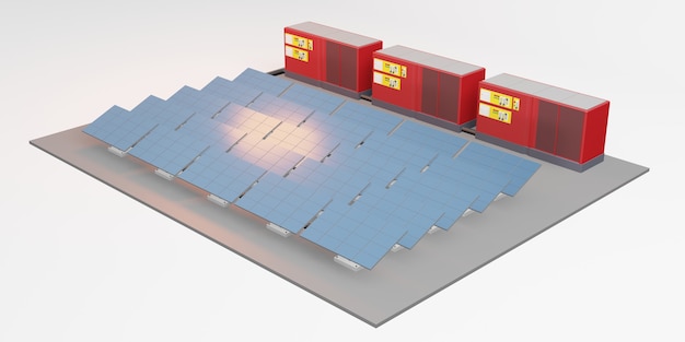 Maquete do painel solar do centro de armazenamento elétrico ilustração 3D de energia solar