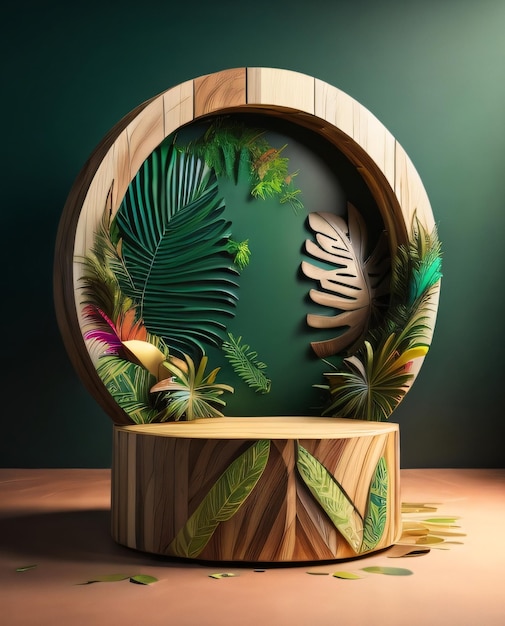 Maquete do pódio de madeira de colorido para apresentação de espaço de produto de arte 3d no fundo de lea tropical