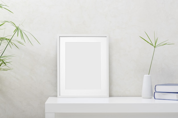 Maquete do porta-retrato em branco na parede branca. Design de sala de estar branco. Vista do interior de estilo escandinavo moderno. Conceito de encenação e minimalismo em casa.