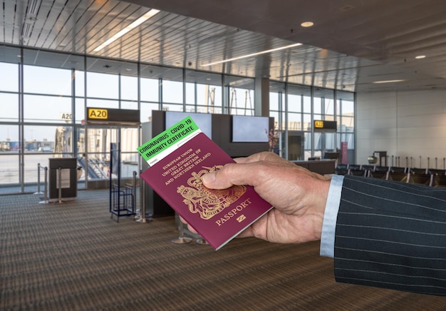 Maquete do terminal do aeroporto com mão de empresário segurando passaporte britânico e certificado de imunidade ao coronavírus