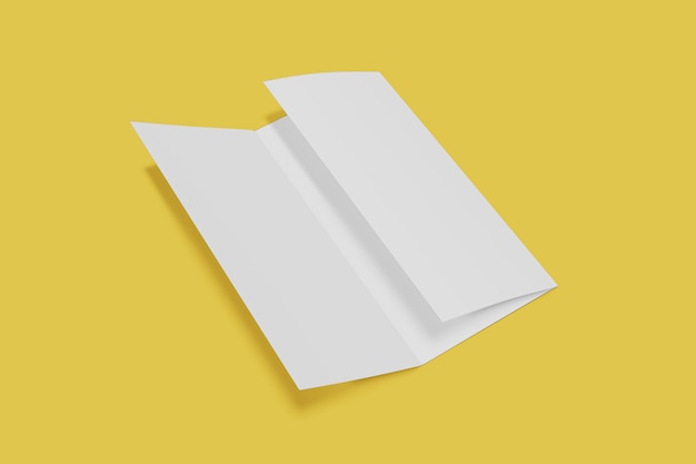Maquete dobrável em três partes do livreto aberto em um fundo amarelo. Renderização em 3D