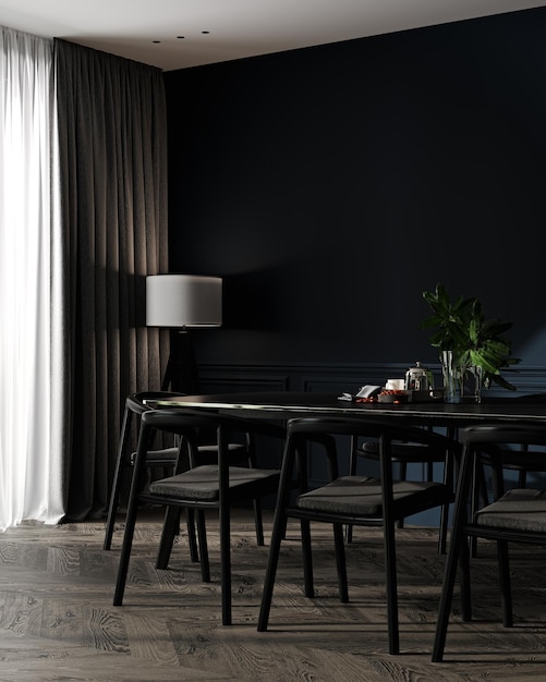 Maquete em casa aconchegante jantar azul escuro fundo interior renderização 3d