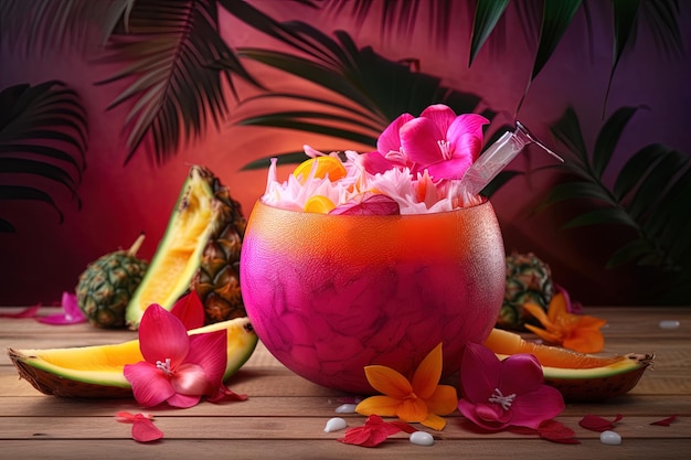 Foto maquete em uma cor vibrante de laranja e rosa, evocando as cores de um pôr do sol tropical