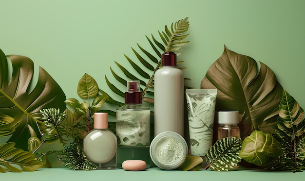 maquete de envases de plástico y botellas con cosméticos orgánicos naturales en el baño