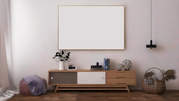 Maquete interior da sala com grande mesa de fezes de quadro em branco e objetos