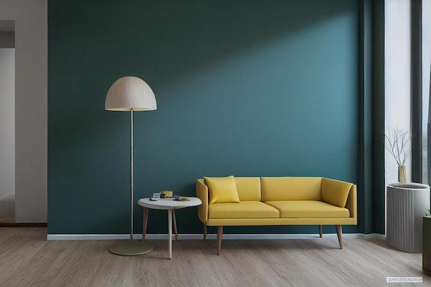 Maquete interior da sala de estar com sofá amarelo 3d render ilustração 3D