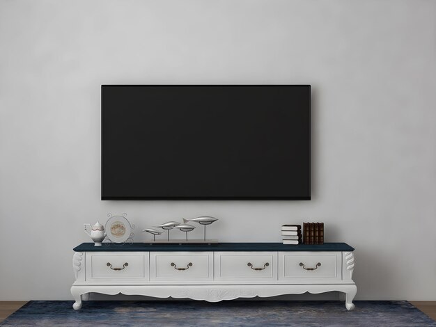 Maquete interior da sala de tv com mesa branca clássica e tv em branco
