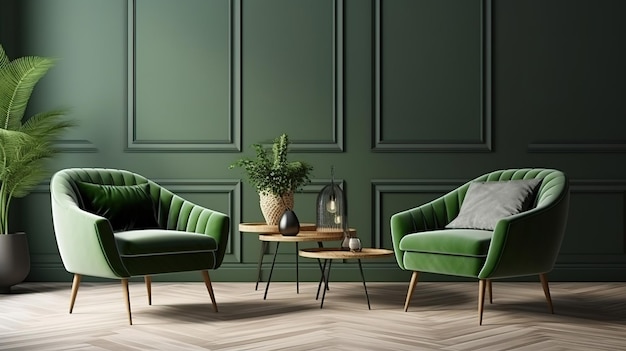 Maquete interior de casa com mesa de poltronas verdes e decoração na sala de estar Generative Ai