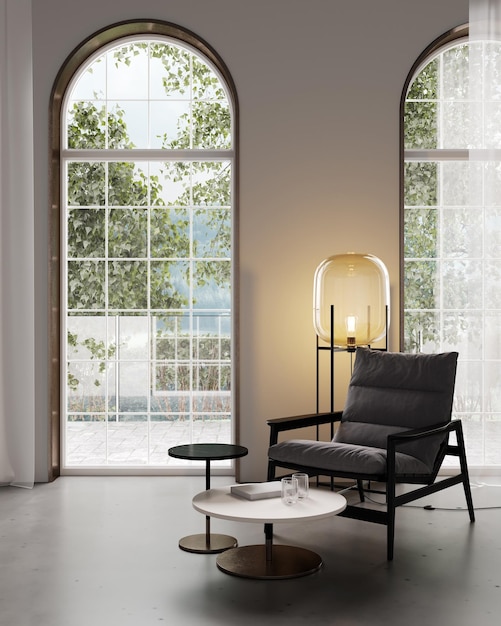 Maquete interior de luxo moderno interior cinza com janela de arco de cadeira preta e jardim 3d render