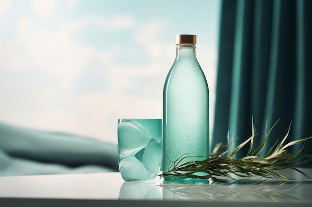 Maquete limpa e minimalista de garrafa de água de vidro reutilizável Bebida refrescante na mesa brilhante