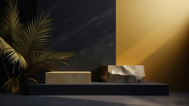 Maquete mínima com pódio premium feito de lajes de pedra natural e sombras de folha de palmeira na parede de cor amarela marinha dourada e luxuosa